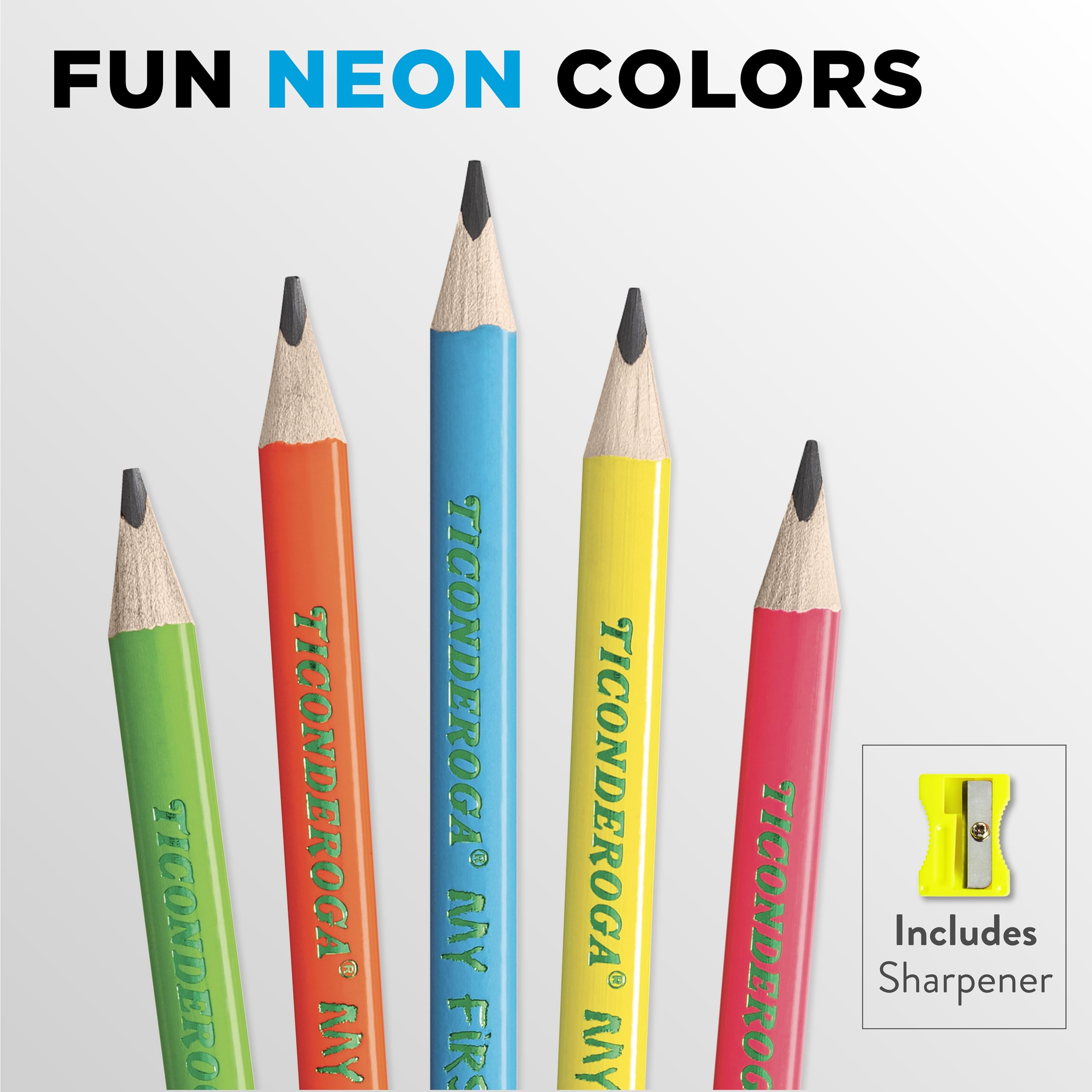 Ticonderoga My First Tri-Write Wood-Cased Pencils with Sharpener, Pre-Sharpened, 2 HB, With Erasers, Neon Colors, 2 Count, 6 Packs - Image 4